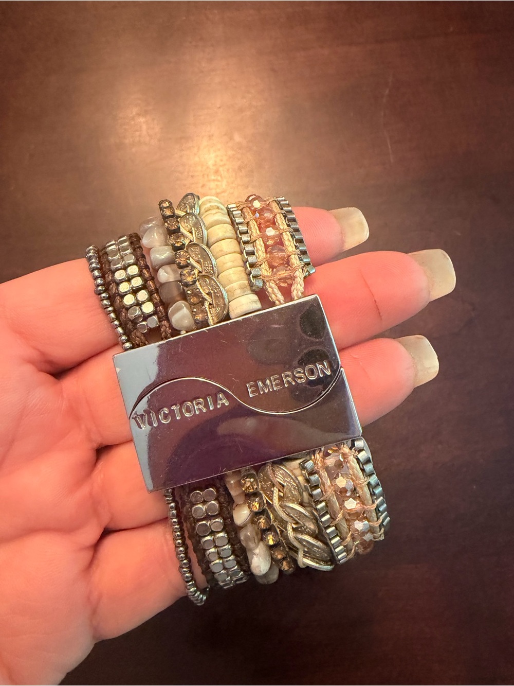 Victoria Emerson Neutral Multi-Row Beaded Wrap Bracelet with Metallic Accents